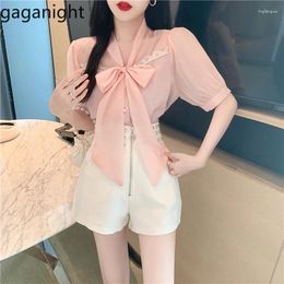 Women's Blouses Gaganight Women Tie Bow Thin Chiffon Shirt Short Sleeved 2024 Summer Korean Chic Puff Sleeve Fashion Versatile Top Female