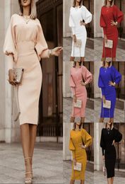 Women Vintage Lantern Sleeve dress Slim Solid Colour Sheath Autumn Casual Party Elegant Pullover Knitting 1216099915636