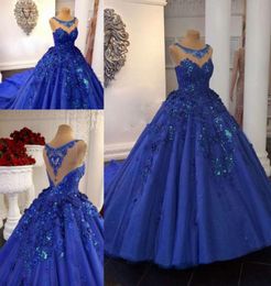 Royal Blue Ball Gown Prom Dresses 3D Floral Appliqued Lace Jewel Neck Evening Gowns Chapel Train Formal Pageant Party Dress2429754