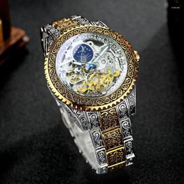 Wristwatches 2024 Fashion Vintage Carved Watch Men Tourbillon Watches Forsining Moon Phase Skeleton Automatic Mechanical