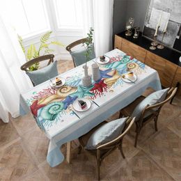 Table Cloth Summer Ocean Watercolor Starfish Shell Coral Blue Anti-scalding Waterproof Tablecloth Rectangular Round Cover Furnishings