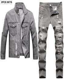 Solid Color Tracksuits Gray Vintage Men039s Sets Ripped Hole 2pcs Jeans Set For Men Side Slit Pocket Casual Loose Denim Jacket 7849847