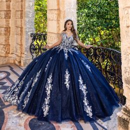 Navy Blue Shiny Off the Shoulder Beading Ball Gown Quinceanera Dresses Sequined Appliques Lace Tull Corset Vestidos De 15 Anos