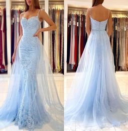 Light Sky Blue Mermaid Prom Dresses Long for Women Black Girls Lace Applique with Detachable Train Formal Dress Evening Party Birt6367011