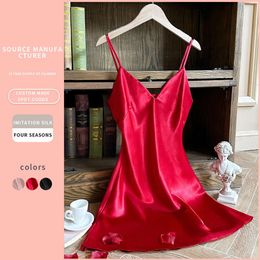 Danilins neuer sexy Rückenless Camisole -Kleid in fester Farbe für Zuhause, Pyjama -Kleid für Frauen, atmungsaktive Eisseide Kurzrock