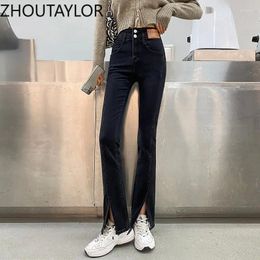 Women's Jeans ZHOUTAYLOR Women Sweet High Waisted Slim Fit Flare Pants Femme Button Zippers Office Lady Spring Fashion Trousers Female