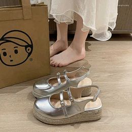 Casual Shoes Women's Silver Increasing Height Female Sandal Mary Jane High Heels Clogs Wedge Muffins Shoe Girls Beige Comfort High-heel