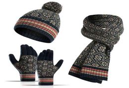 Unisex Winter 3pcs Pompom Beanie Hat Long Scarf Touch Screen Gloves Set Geometric Floral Jacquard Plush Lined Skull Cap6118370