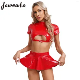 Skirts Womens Glossy Patent Leather Crop Top With A-Line Flared Mini Skirt Set Nightclub Disco Party Music Festival Lingerie Clubwear