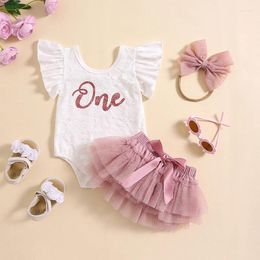 Clothing Sets Baby Girl Summer Outfits Ruffle Sleeve Letter Print Lace Romper Tutu Skirt Headband Set Born Clothes