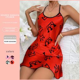 Women's ice silk suspender nightgown sexy backless pajama women's style imitation silk casual breathable printed suspender skirt