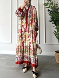Ethnic Clothing Muslim Women's Long Sleeved Standing Neck Printed Style Large Swing Dress V-Neck Pullover Dubai Turkey Abaya