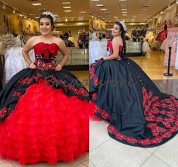 Vintage Red With Black Ball Gown Quinceanera Dresses Elegant Organza Ruffles Gothic Punk Prom Appliques Lace Up Sweet 16 Dress Pag5276093