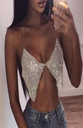 Bling Silver Gold s Halter Bra Crop Top Women Sexy Backless Deep V Neck See Through Summer Beach Tank Tops 2203169072617