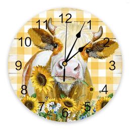 Wall Clocks American Pastoral Farm Cow Sunflower Plaid Silent Home Cafe Office Decor For Kitchen Large