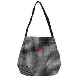 Jewelry Pouches Women Canvas Shoulder Bag Black White Plaid Red Heart Embroidery Ladies Shopping Handbags Totes Cotton Cloth Beach
