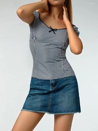 Women's T Shirts Women S Plaid Slim Tops Check Pattern Short Sleeves T-shirts Off Shoulder Low Cut Blouse Tee