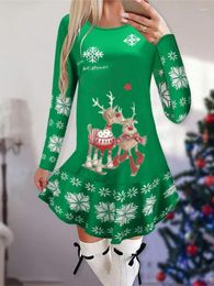 Casual Dresses Cartoon Elk Dress Women Cute Christmas Snowflake Evening Winter Long Sleeve Mini Fashion Party Vestidos