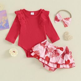 Clothing Sets Infant Baby Girl 3Pcs Outfits Valentine's Day Clothes Red Long Sleeve Ribbed Romper Heart Print Ruffle Tutu Shorts Bow