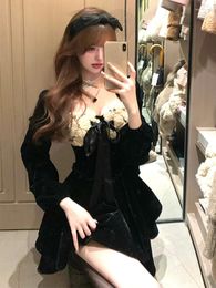 Casual Dresses 2024 Winter French Fashion Short Party Dress Women Long Sleeve Elegant Sweet Black Velvet One Piece Korean