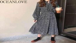 Chiffon Vestidos Autumn Print Lace Up Elegant Women Dresses Vintage Korean Aline Long Dress Fashion 17525 2104153306416