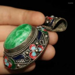 Decorative Figurines China Old Handmade Bring Good Luck Tibetan Silver Cloisonne Jade Pendant Gift