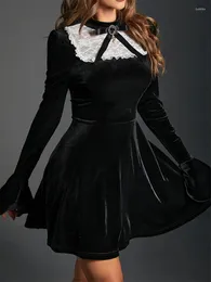 Casual Dresses 2024 Dark Lolita Gothic Bow Lace Patchwork Mini Maid Costume Velvet Long Sleeve Dress Grunge A-line Autumn Women Outfits