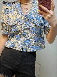 Women's Blouses Summer Flower Floral Shirt Tops Women Puff Short Sleeve Fashion Sweet Doll Collar Ladies Cropped Korean Woman