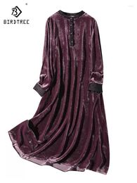 Casual Dresses Birdtree Mulberry Silk Velvet Solid Dress 2024 Autumn Fashion European Long Sleeve Large Size Office Lady D39954QC