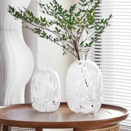 Vases Large wrinkled circular small mouthed glass vase white dots decorated with wooden cigar blossoms floor to ceiling decoration J240515