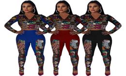 Women Multi Sequin Tracksuits Bling V Neck Long Sleeve Pullover Crop Top High Waist Long Slim Pant Club Party 2 Piece Pants Set Ou6014915