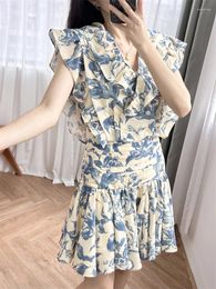 Skirts Women Floral Print Set Ruffles V-Neck Double Breasted Sleeveless Vest Or High Waist Pleated A-Line Mini Skirt