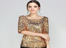 Women039s TShirt Women Plus Size Half Slveeve Slash Neck Sequins Mesh Sexy Slim Shirt Silver Gold Black Casual High Quality To2910126