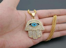 Turkish Evil Eye Hamsa Hand of Fatima Pendant Necklace Gold Stainless Steel Iced Out Chain Hip Hop Women Men Jewelry183K5394569