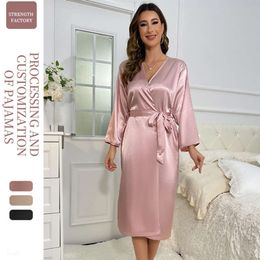 New Pajamas Women's Bathroom Cardigan Lace up Bathrobe Summer Thin, Simple and Fashionable Long Ice Silk Pajama