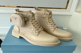 New Nude apricot leather Nylon pouch Ankle Combat Boots platform Wedges laceup round Toe block Low heel boots booties chunky luxu8737062