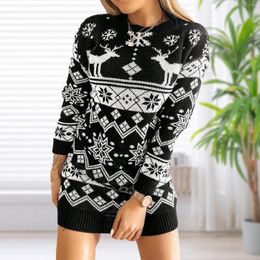 Casual Dresses Women Long Sleeve Dress Fashion Christmas Jacquard Knitted Round Neck Simple Elk Snowflakes Knit Pullover