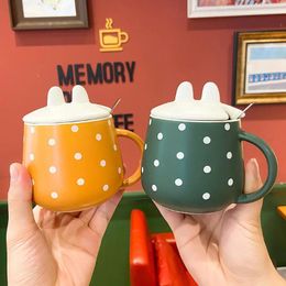 Mugs Korean Version Simple Wave Point Mug Business Office Couple Coffee With Lid Spoon Personality Small Fresh Ceramic Cup