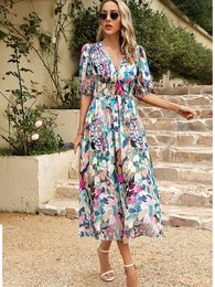 Elegant High Quality Design summer long Dress Waist Cinching V-neck Print Elastic Waist Maxi Dresses for Women Clothing 240514