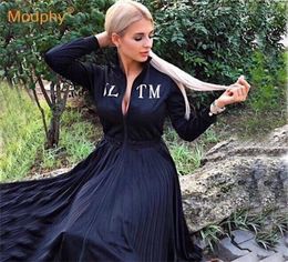 2020 Women s Black Elegant Pleated Dress Long Sleeve Stand Collar Front Zipper High Waist Casual Dress Celebrity Party Vestidos LJ5406175