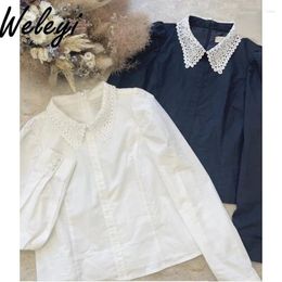 Women's Blouses Japanese Inner Shirt 2024 Autumn Commuter Heavy Work Lace Collar Bubble Long Sleeved Tops White Bottoming Shirts