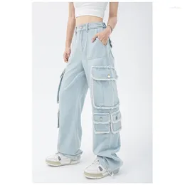 Women's Jeans Blue Women's Straight Cargo High Waist American Streetwear Vintage Pants Chic Design Casual Ladies Denim Wide Leg Trouser