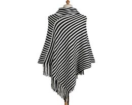 SexeMara Turtleneck Striped Ponchos And Capes Long Womens Knitted Cape Poncho Femme Ladies V Neck Sweaters BlackWhite9535684