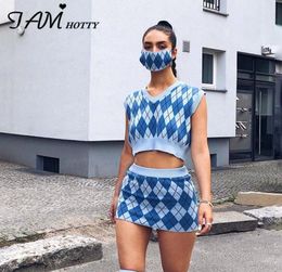 IAMTY Argyle Plaid Knitted Sweater Vest Skirt Y2K Suit Sets Women Croped Sweater Tank Top Skirts Two Piece Set Tracksuit20209613752