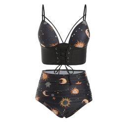 Front Tied Swimwear For Women High Waist Lace Up Ruched Sun Star And Moon Tankini Set Spaghetti Straps Padded Swimsuit3460015