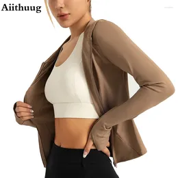 Active Shirts Aiithuug Women's Lightweight Zipper Running Windproof Hooded Coat Training Slim Fit Elastic Band Thumbhole Yoga Sportswear