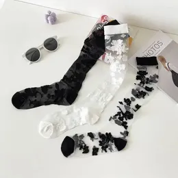 Women Socks Summer Ultra-thin Transparent Nylon Long Stockings Japanese Fashion Flower Knee Vintage Crystal Silk
