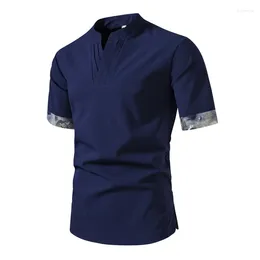 Men's Casual Shirts Cotton And Linen Shirt Japanese Style Retro Button Up Short Sleeved Stand Collar Colour Matching