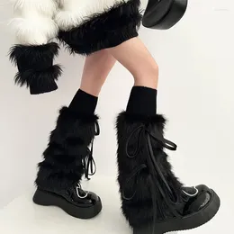 Women Socks Solid Fluffy For Thickened Imitation Fur Lace Up Boots Cover Punk Plush Foot Warming Accessories