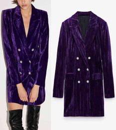 Purple Velvet Blazer Dress Women Za Fashion With Shoulder Pads Long Sleeve Mini Woman Elegant Office Ladies es 2105133325249